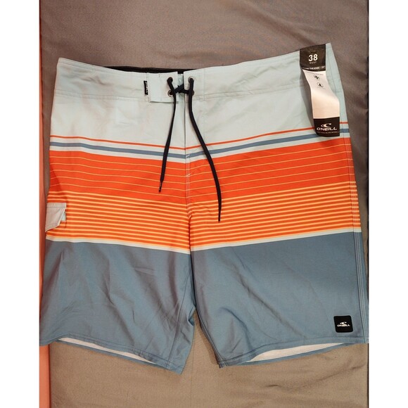 Men's O'Neill Below the Knee Swim Trunks Lennox Stripe Blue Orange 38 - Picture 1 of 7
